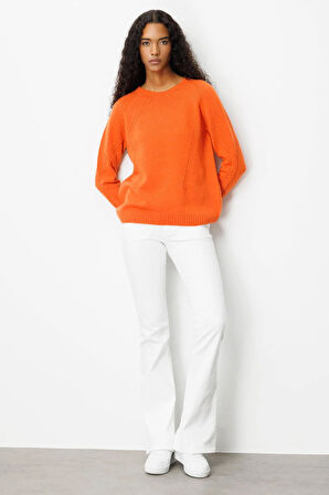 Kadın Sıfır Yaka Önü ve Kol Ortası Saç Örgü Yün Kazak Portakal