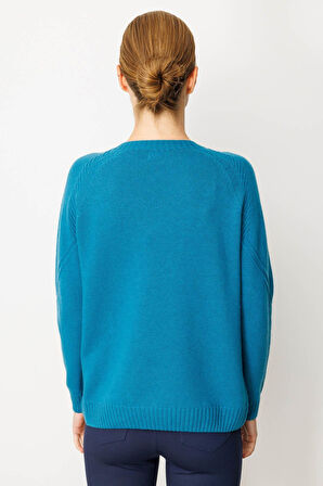 Kadın Sıfır Yaka Önü ve Kol Ortası Saç Örgü Yün Kazak A.Petrol