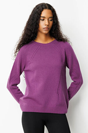 Kadın Sıfır Yaka Önü ve Kol Ortası Saç Örgü Yün Kazak A.Mor