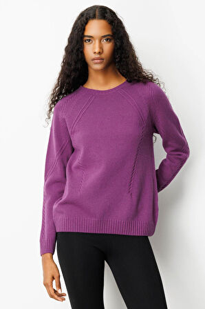 Kadın Sıfır Yaka Önü ve Kol Ortası Saç Örgü Yün Kazak A.Mor