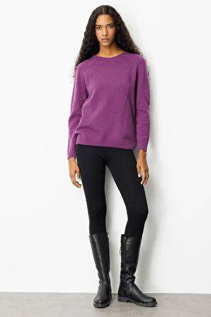 Kadın Sıfır Yaka Önü ve Kol Ortası Saç Örgü Yün Kazak A.Mor