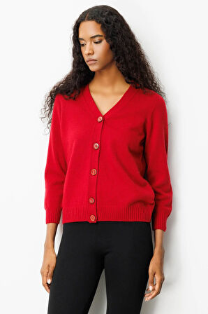 Kadın V Yaka Kısa Yün Hırka K.Kırmızı