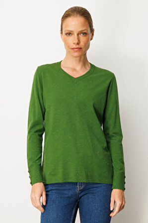 Kadın V Yaka Kolları Düğmeli Simli Bluz K.Yosun