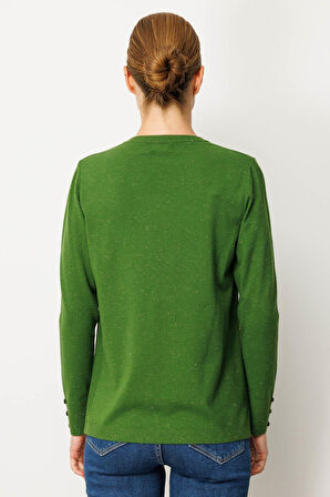 Kadın V Yaka Kolları Düğmeli Simli Bluz K.Yosun