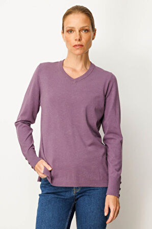 Kadın V Yaka Kolları Düğmeli Simli Bluz Mor