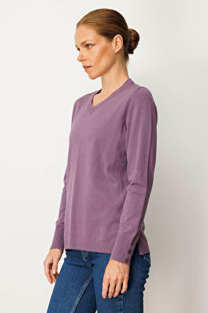 Kadın V Yaka Kolları Düğmeli Simli Bluz Mor