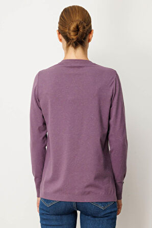 Kadın V Yaka Kolları Düğmeli Simli Bluz Mor