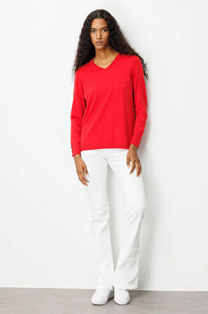 Kadın V Yaka Kolları Düğmeli Simli Bluz A.Kırmızı