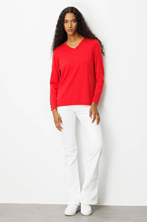 Kadın V Yaka Kolları Düğmeli Simli Bluz A.Kırmızı