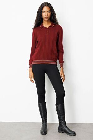 Kadın Polo Yaka Simli Çizgili Yün Bluz Bordo