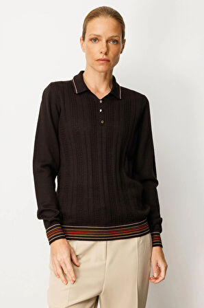 Kadın Polo Yaka Simli Çizgili Yün Bluz K.Kahve