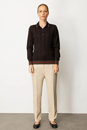 Kadın Polo Yaka Simli Çizgili Yün Bluz K.Kahve