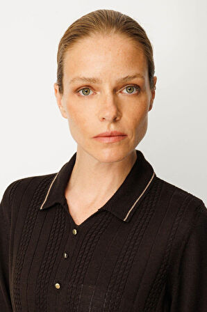 Kadın Polo Yaka Simli Çizgili Yün Bluz K.Kahve