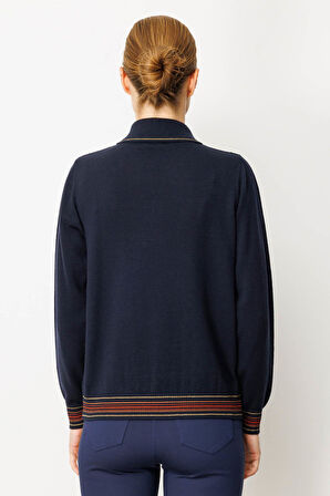 Kadın Polo Yaka Simli Çizgili Yün Bluz K.Lacivert