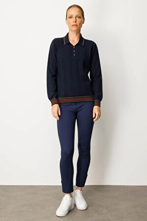 Kadın Polo Yaka Simli Çizgili Yün Bluz K.Lacivert