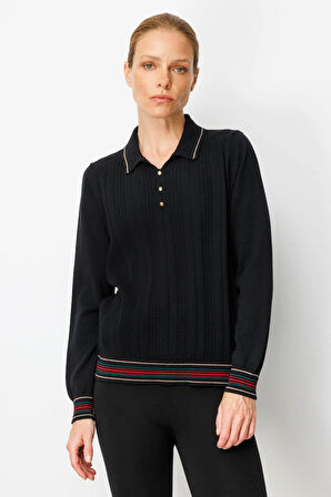 Kadın Polo Yaka Simli Çizgili Yün Bluz Siyah