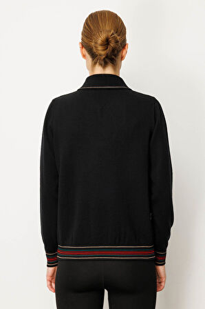 Kadın Polo Yaka Simli Çizgili Yün Bluz Siyah