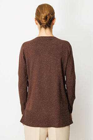 Kadın Sıfır Yaka Dikişsiz Yanları Düğmeli Simli Kazak Kahve