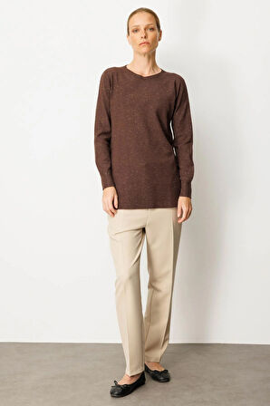 Kadın Sıfır Yaka Dikişsiz Yanları Düğmeli Simli Kazak Kahve