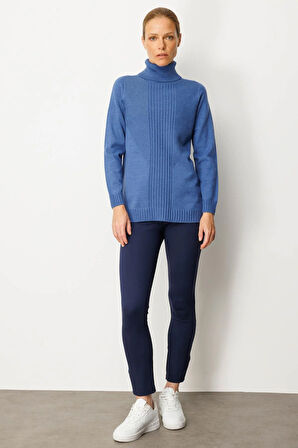 Kadın Tam Balıkçı Yaka Önü Uzun Çizgili Kazak İndigo