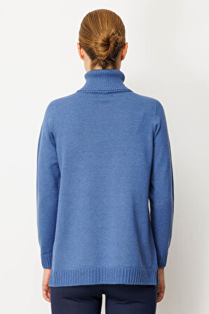 Kadın Tam Balıkçı Yaka Önü Uzun Çizgili Kazak İndigo