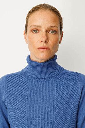 Kadın Tam Balıkçı Yaka Önü Uzun Çizgili Kazak İndigo