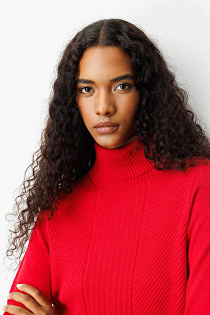 Kadın Tam Balıkçı Yaka Önü Uzun Çizgili Kazak K.Kırmızı