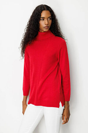 Kadın Tam Balıkçı Yaka Önü Uzun Çizgili Kazak K.Kırmızı