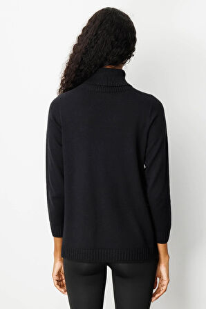 Kadın Tam Balıkçı Yaka Önü Uzun Çizgili Kazak Siyah