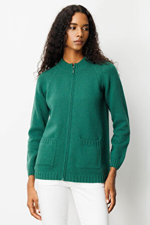 Kadın Dik Yaka Cepli Basic Yün Hırka Ö.Başı