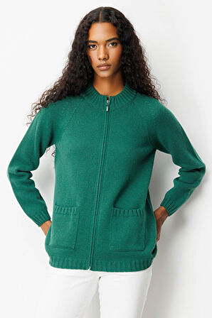 Kadın Dik Yaka Cepli Basic Yün Hırka Ö.Başı