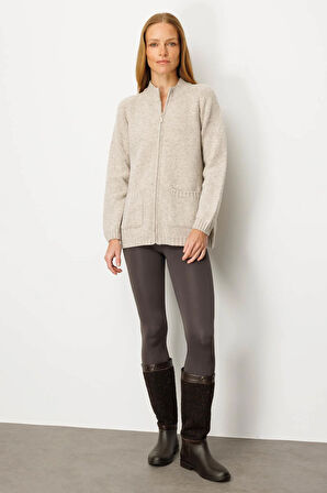 Kadın Dik Yaka Cepli Basic Yün Hırka V.Bej