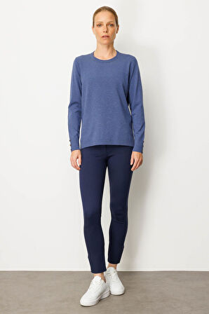 Kadın Sıfır Yaka Yırtmaçlı Yanı Düğmeli Bluz İndigo