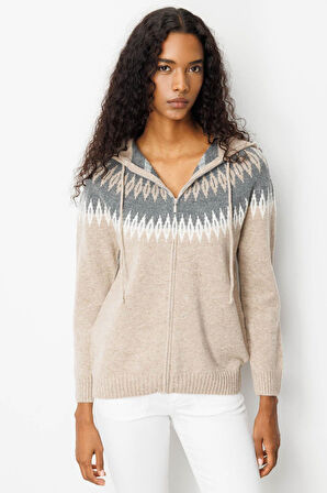 Kadın Kapüşonlu Robası Baklavalı Hırka K.Bej