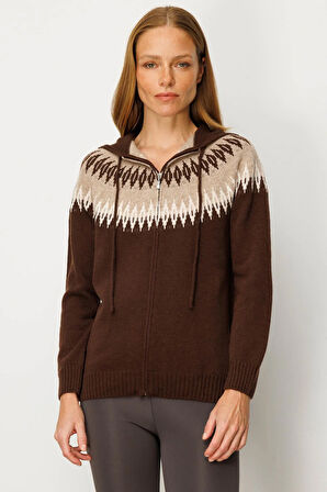 Kadın Kapüşonlu Robası Baklavalı Hırka M.Kahve