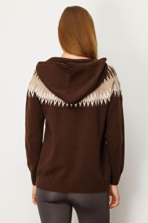 Kadın Kapüşonlu Robası Baklavalı Hırka M.Kahve