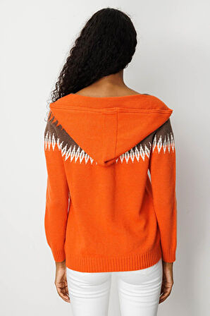 Kadın Kapüşonlu Robası Baklavalı Hırka Portakal