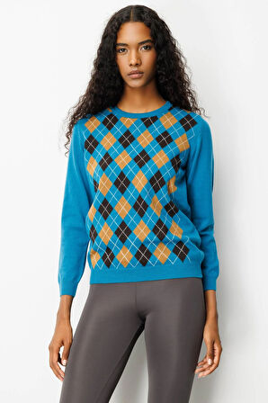 Kadın Sıfır Yaka Önü Baklava Desenli Yün Kazak A.Petrol