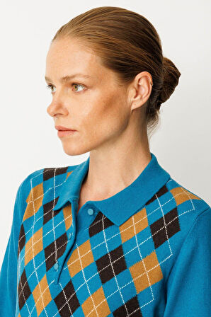 Kadın Polo Yaka Önü Baklavalı Yün Kazak A.Petrol