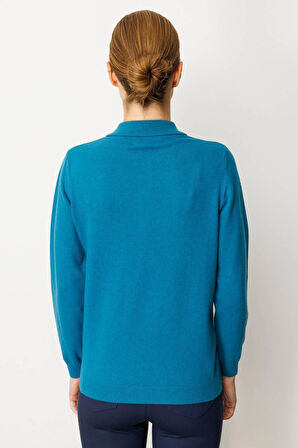 Kadın Polo Yaka Önü Baklavalı Yün Kazak A.Petrol