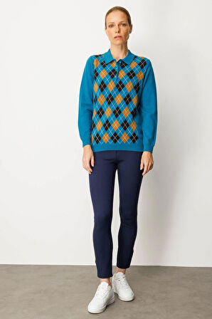 Kadın Polo Yaka Önü Baklavalı Yün Kazak A.Petrol