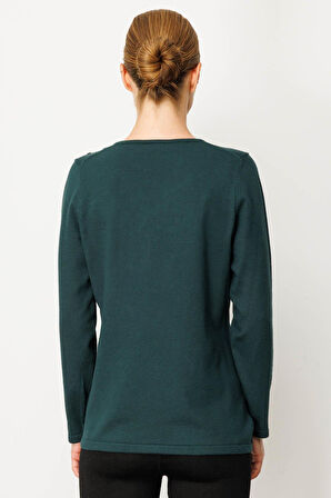 Kadın V Yaka Omuzları Boncuk İşlemeli Bluz Yeşil