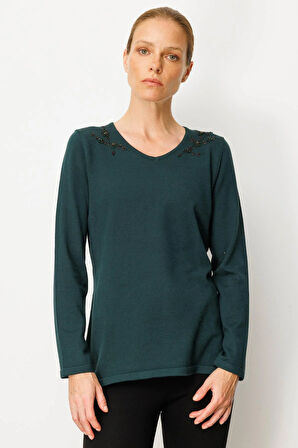 Kadın V Yaka Omuzları Boncuk İşlemeli Bluz Yeşil