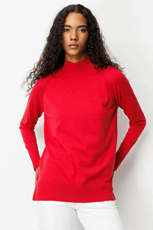 Kadın Yarım Balıkçı Yaka Kolları Yırtmaçlı Kazak K.Kırmızı