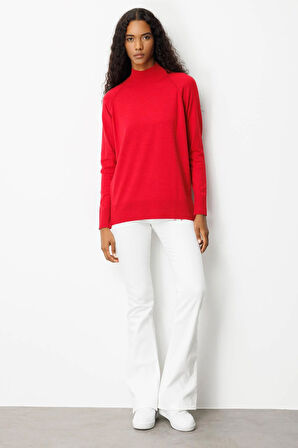 Kadın Yarım Balıkçı Yaka Kolları Yırtmaçlı Kazak K.Kırmızı