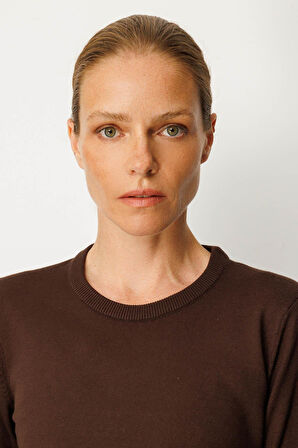 Kadın Basic Sıfır Yaka Kazak Kahve