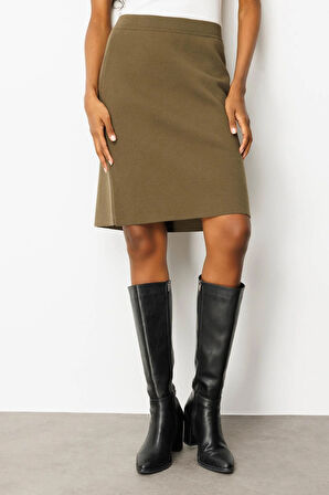 Kadın Triko Düz Basic Etek Haki