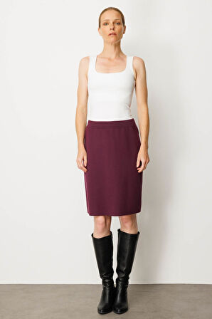 Kadın Triko Düz Basic Etek Mürdüm