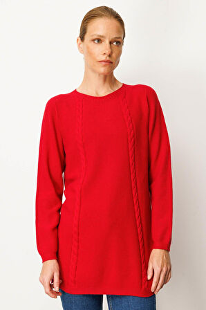 Kadın Triko Yanı Yırtmaçlı Pirinç Örgü Kazak K.Kırmızı