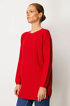 Kadın Triko Yanı Yırtmaçlı Pirinç Örgü Kazak K.Kırmızı